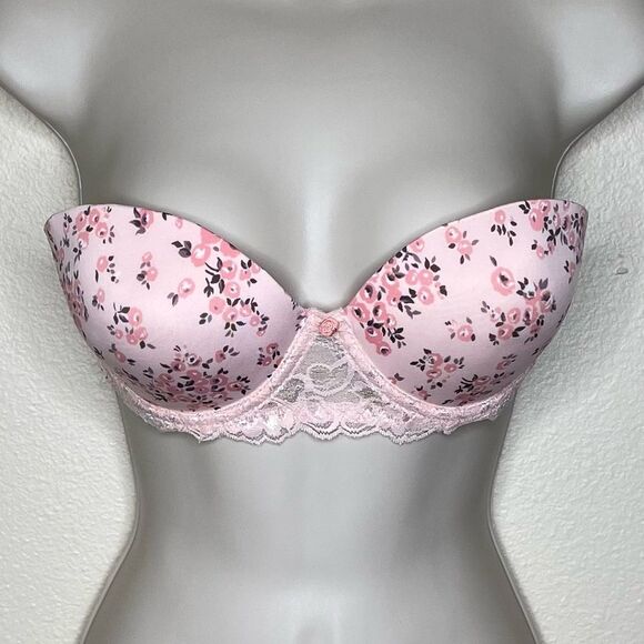 Laura Ashley Pink Peach Floral Strapless Push Up Bra Lace Women 34C No Straps - Picture 15 of 15